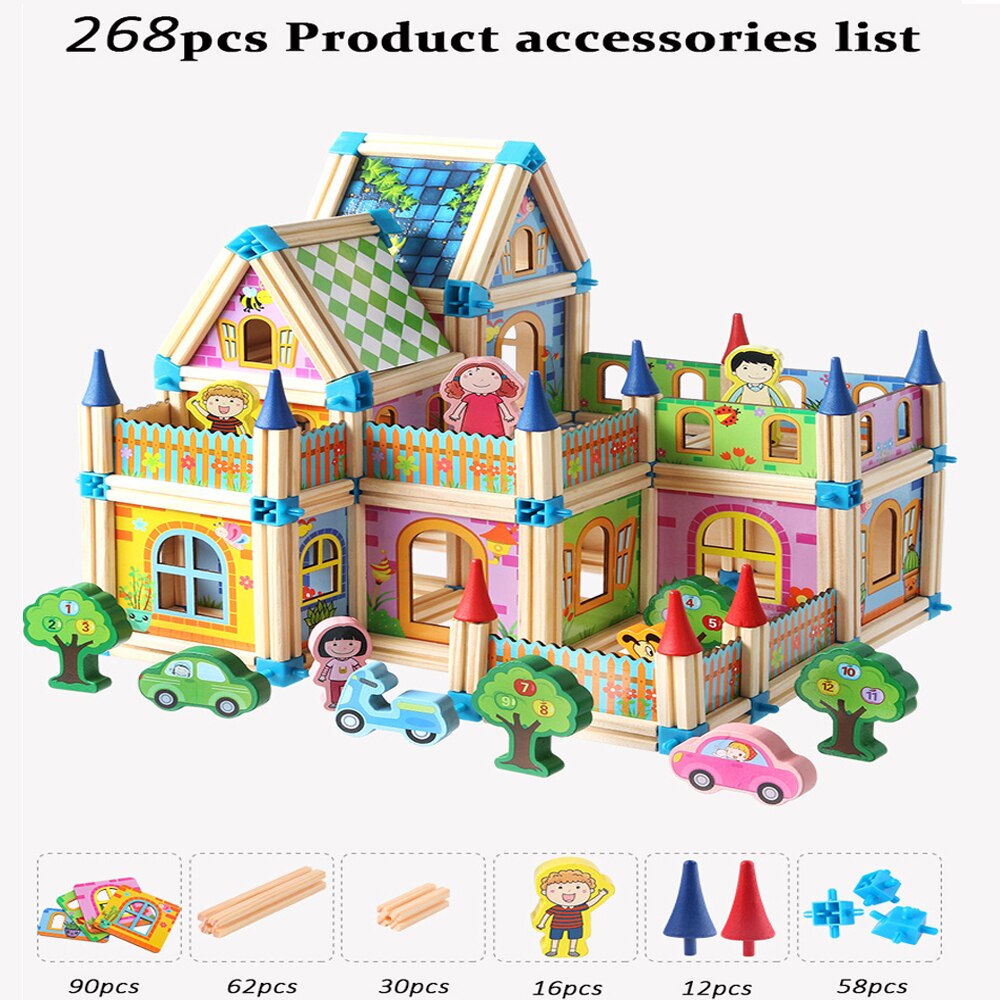 128 stücke/268 stücke Spielzeug Miniatur DIY Puppenhaus für Kinder Puppe Haus Mit Puppe Holz Haus Für Kinder Mal: 268PCS