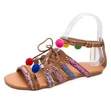 Zomer Sandalen Vrouwen Bohemen Sandalen Gladiator Lederen Sandalen Flats Schoenen Pom-Pom Sandalsfemme ete schoenen E995