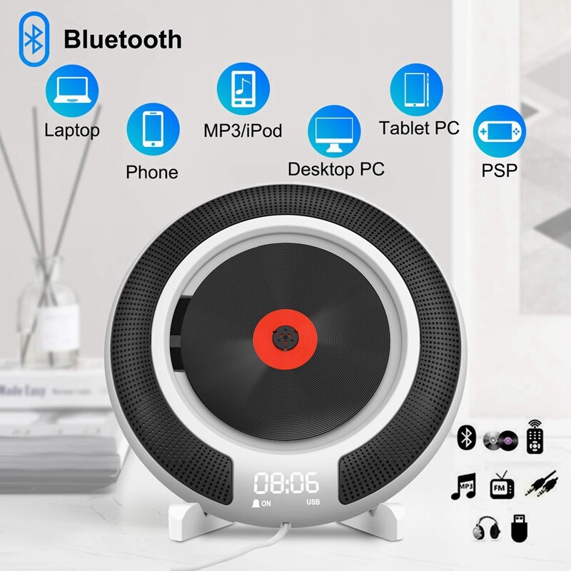 Bärbar cd-spelare med bluetooth-väggmonterbar fm-radio inbyggd hifi-högtalare med hörlursuttag för fjärrkontroll