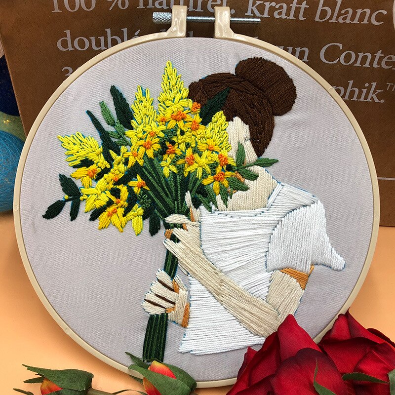 Kit de bordado de ramo de niña moderna, bordado artesanal, patrón de planta de casa, punto de cruz para principiantes (con ARO): A