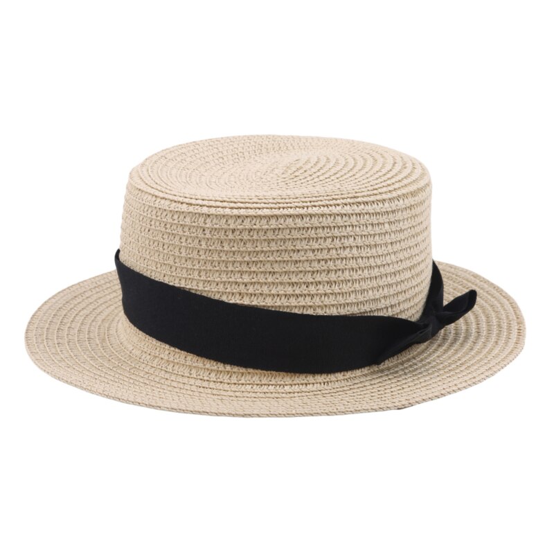 Summer women's Straw Hat Travel Shade Leisure Beach Hat Vacation Flat Eaves Bowknot Shade Sun Hat: Beige