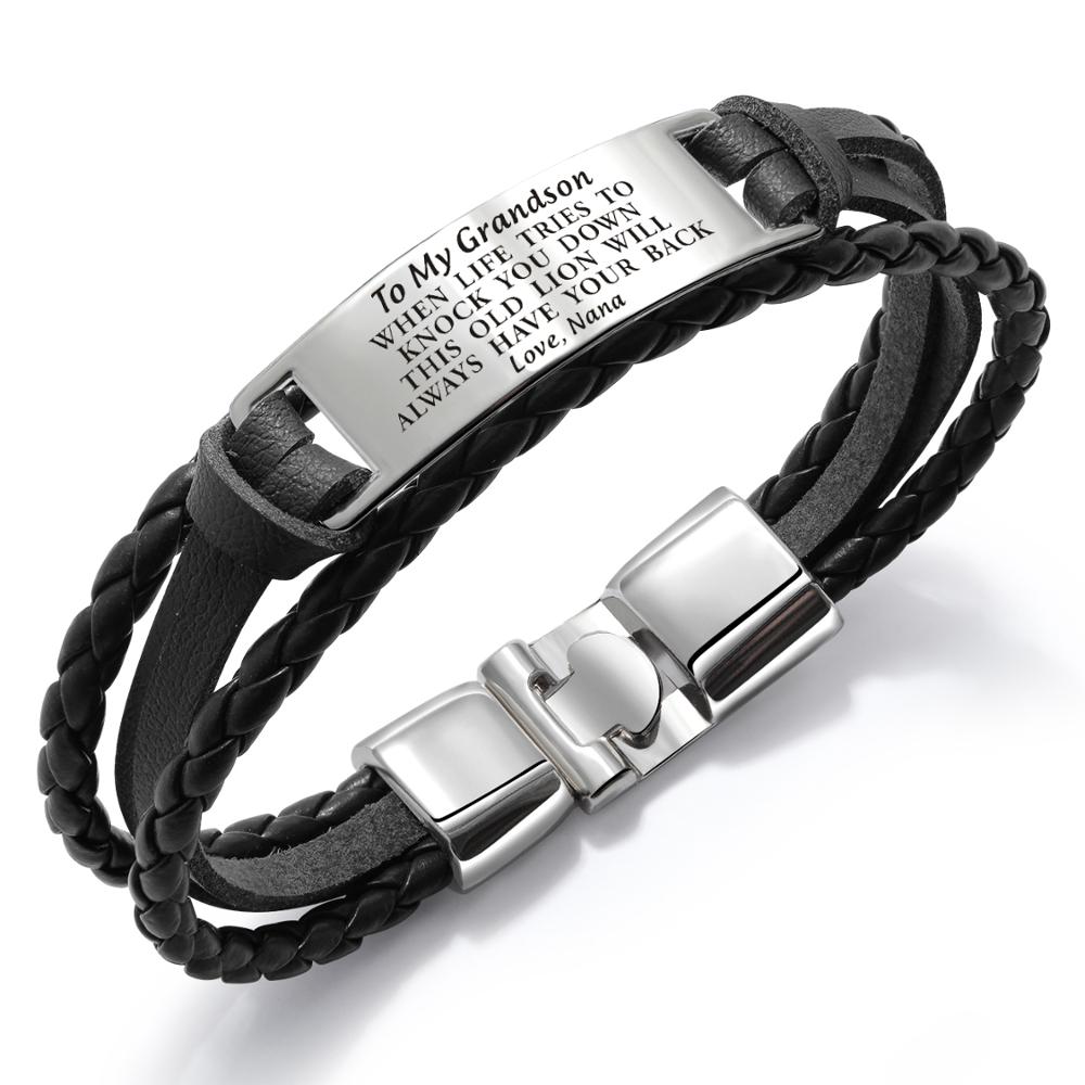 The Nana gave her Grandson leather bracelet stainless steel carvings as a .