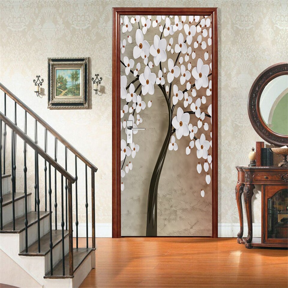 White Flower Door Sticker 3D Self-adhesive PVC DIY Wallpaper For Bedroom Home Art Decoration Door Renovation Poster Wall Decal
