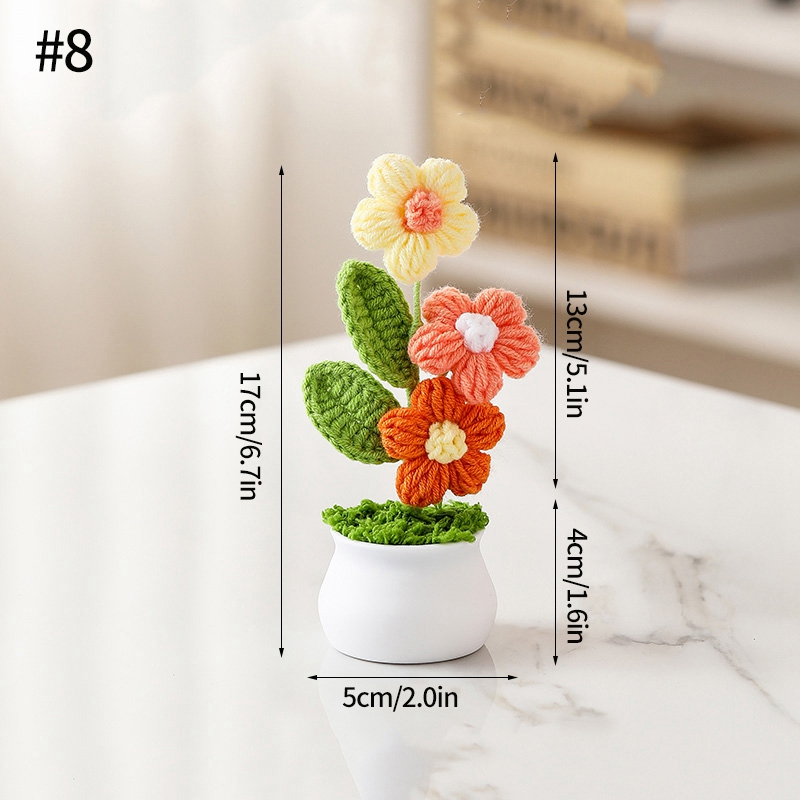 Plantas en macetas pequeñas de ganchillo hechas a mano, bonita flor de simulación, decoración Interior de escritorio para oficina y coche, de flores artificiales: Blanco