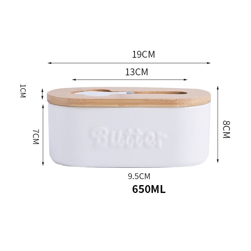 Plato de cerámica para mantequilla con tapa, contenedor de mantequilla con tapa de madera, con cuchillo, bandeja, plato de queso, 650ml: White