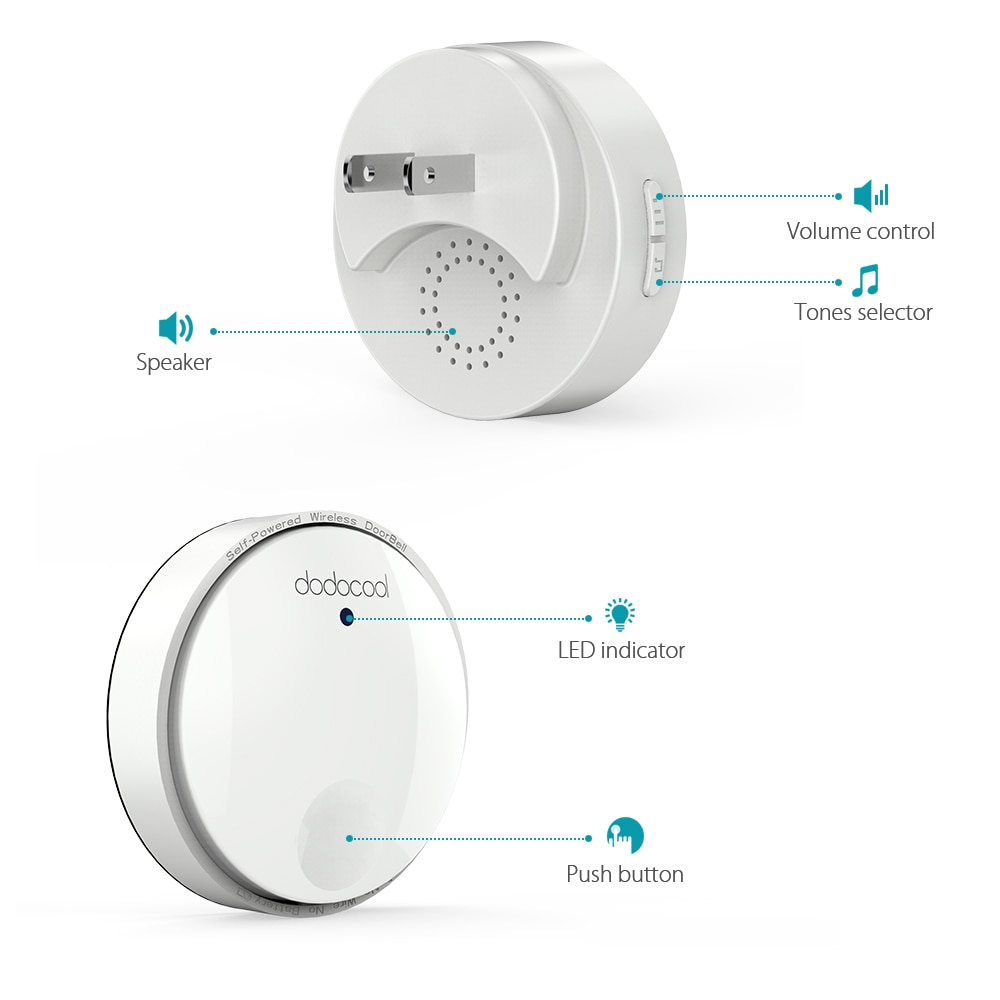 dodocool Self-powered Battery-free Wireless Doorbell Kit with 1 Battery-free Transmitter Push Button and 2 Plug-in Receivers