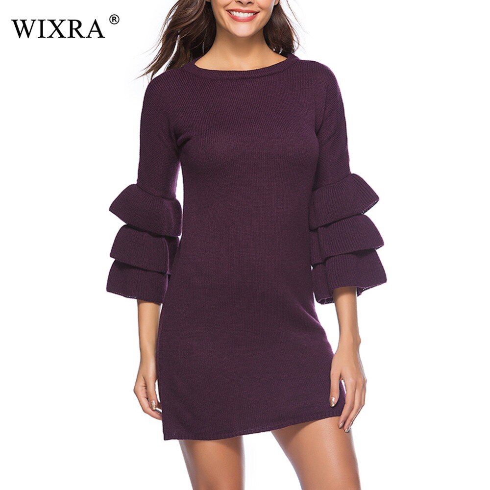 Wixra O-Neck Butterfly Sleeve Knitted Mini Dresses Women Dress Female Autumn Pretty Short Sweater Dress For Women