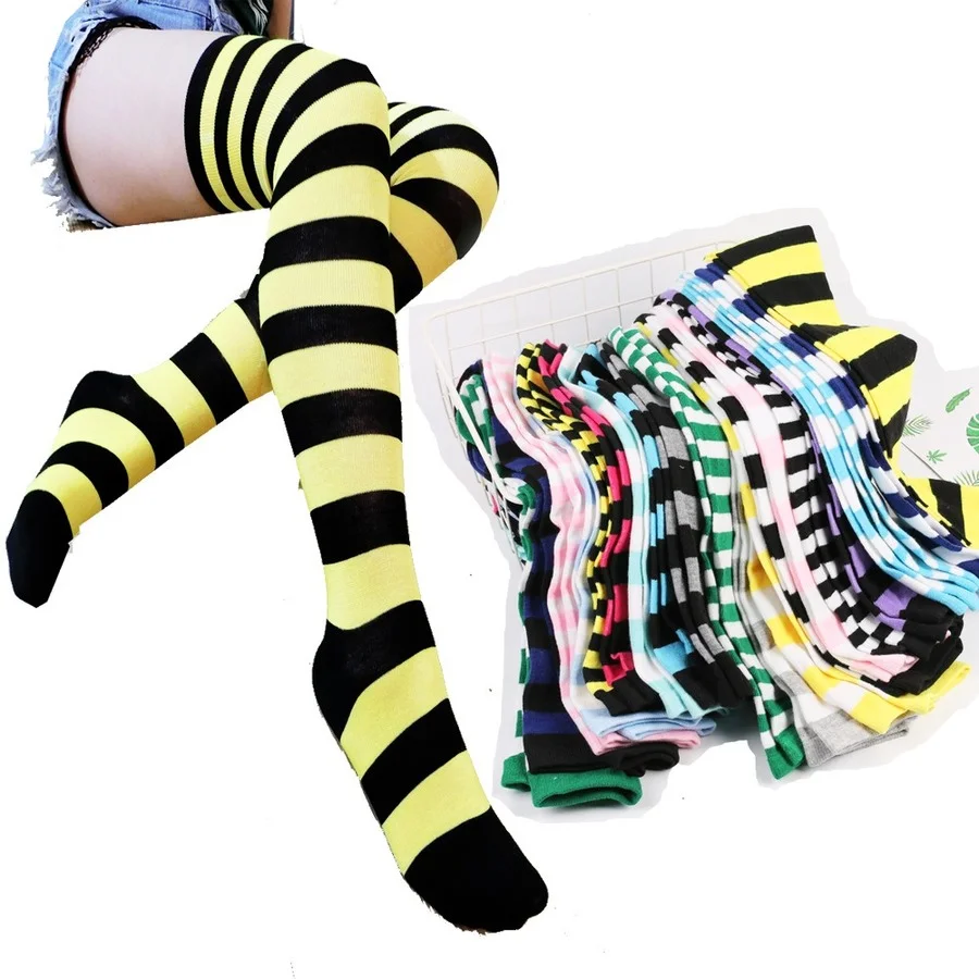 Medias altas hasta el muslo a rayas para mujer, calcetines largos por encima de la rodilla en negro, blanco y rosa, Cosplay de Lolita Harajuku Y2k 2025