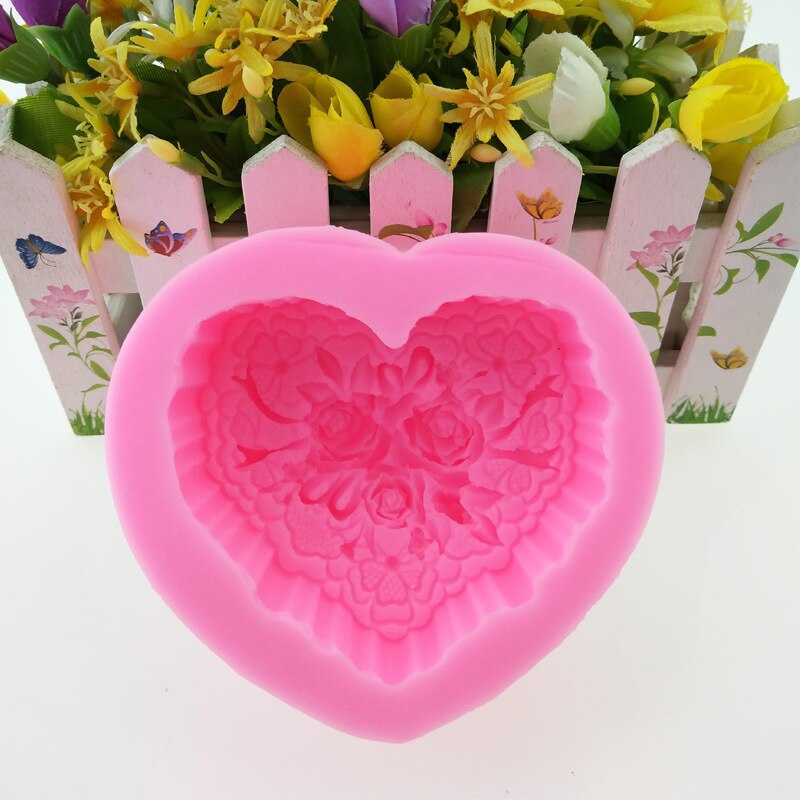 Rosa patrón en forma de corazón hecho a mano de silicona molde de jabón DIY molde para dulces o chocolate Fondnat molde de la torta decoraciones de la torta pastel hornear herramientas