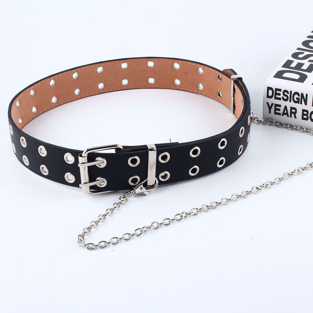 Femmes Punk chaîne ceinture réglable Double/simple rangée trou oeillet ceinture avec oeillet chaîne ceinture décorative: Black Double