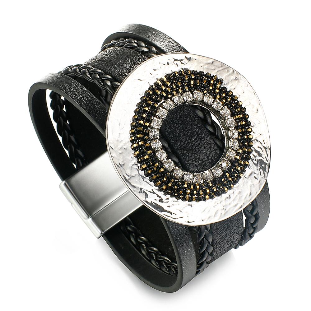 Amorcome Grote Metalen Ronde Charm Lederen Armbanden Voor Vrouwen Wide Wrap Armbanden Statement Sieraden: Black