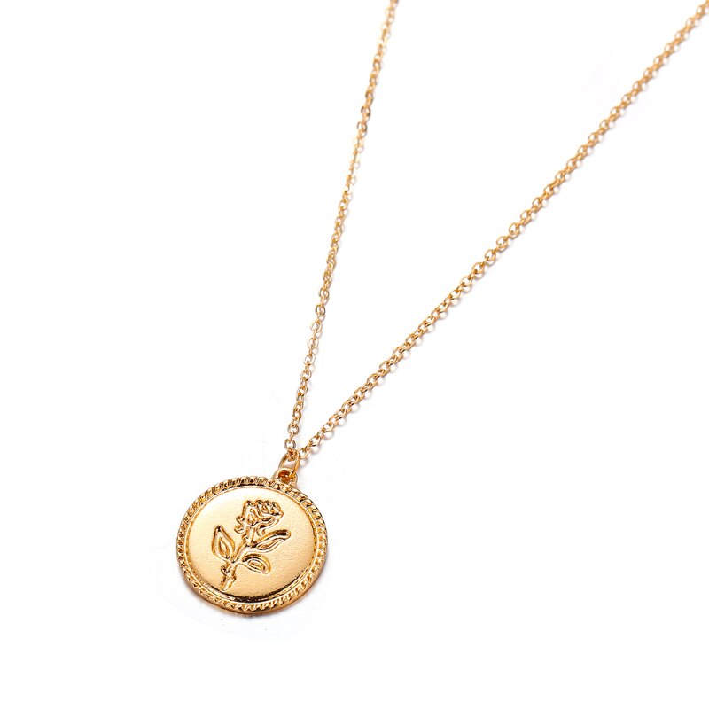 Wild&amp;Free Alloy Round Pendant Necklace For Women Simple Female Long Chain Coin Necklace Rose Flower Collier