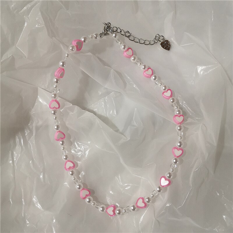 2022 new goth candy color pink pearl peach heart beaded necklace for female harajuku cute egirl party  y2k jewelry accessories: 1