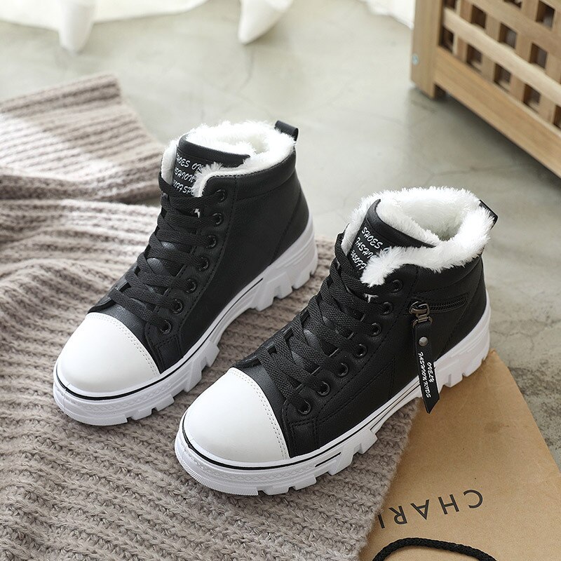 Women's cotton sneakers winter plus cashmere Korean students all-match warm high-top leather walking shoes women ZA-117: Black / 6