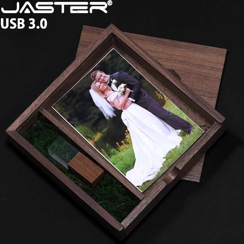 JASTER USB 3.0 Flash Drive Crystal walnut wood box Pen Drive Free custom logo Memory Stick Photography Wedding Pendrive 64G
