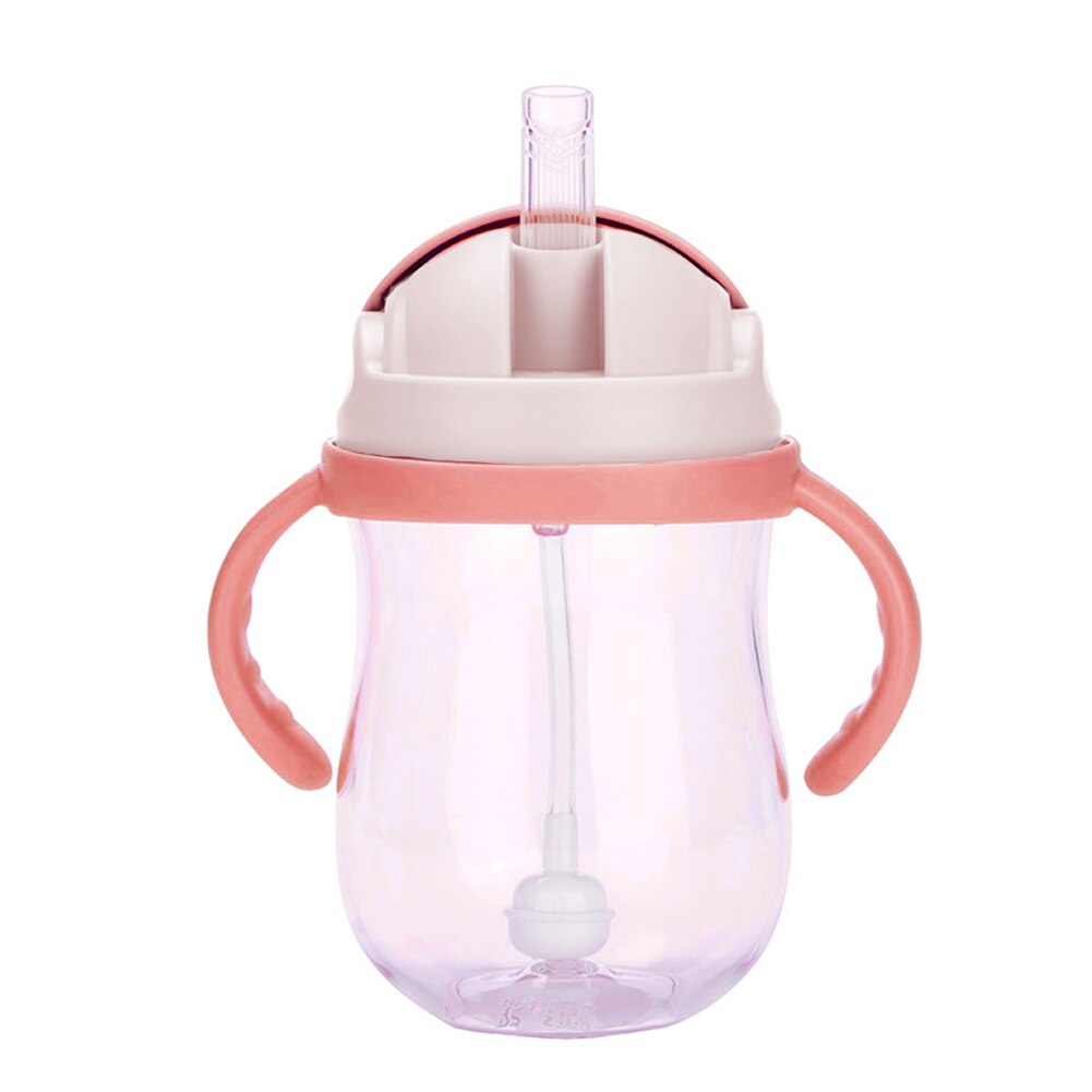 300ml Portable non-toxic silicone leakproof with handle wide mouth suction straw drinking water training bottle baby cup milk: Pink