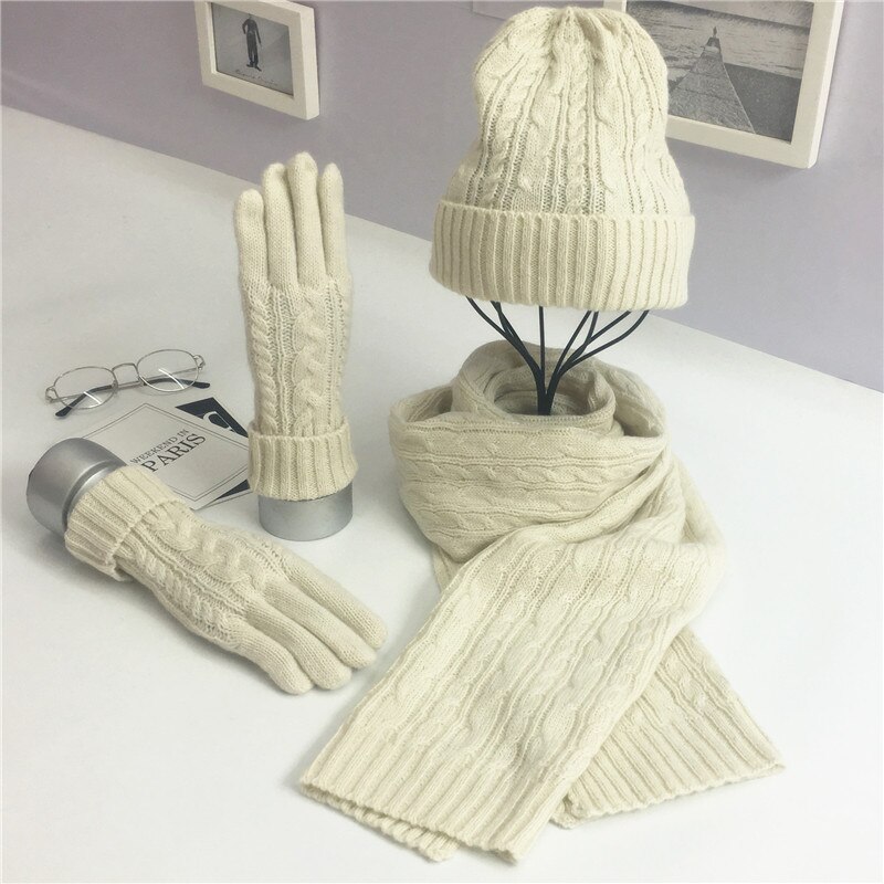 3 pcs Set Winter Knitted Hat Scarf Gloves for Women Beanie Ladies Knitted Scarves Women Winter Clothing Accessories Suit: Beige