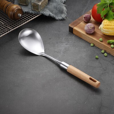 Espátula para utensilios de cocina, cuchara con colador, cucharas para sopa, pala ranurada, utensilios de cocina de acero inoxidable, batería de cocina mango de madera, cocina: Rice spoon