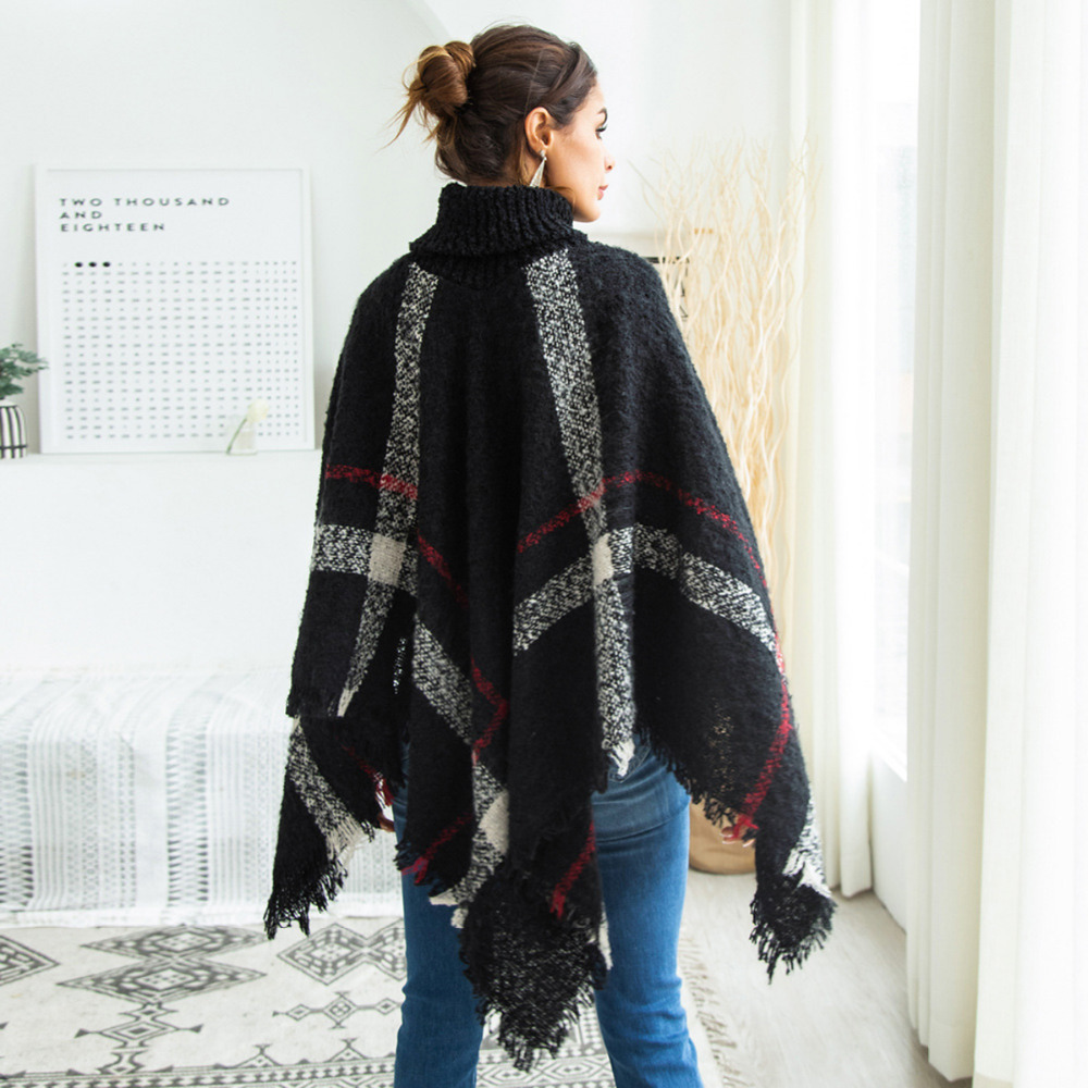 NORA TWIPS Women Sweater Plus Size Women's Wool Plaid Cardigan Turtleneck Cape Batwing Sleeve Knit Poncho Sweater