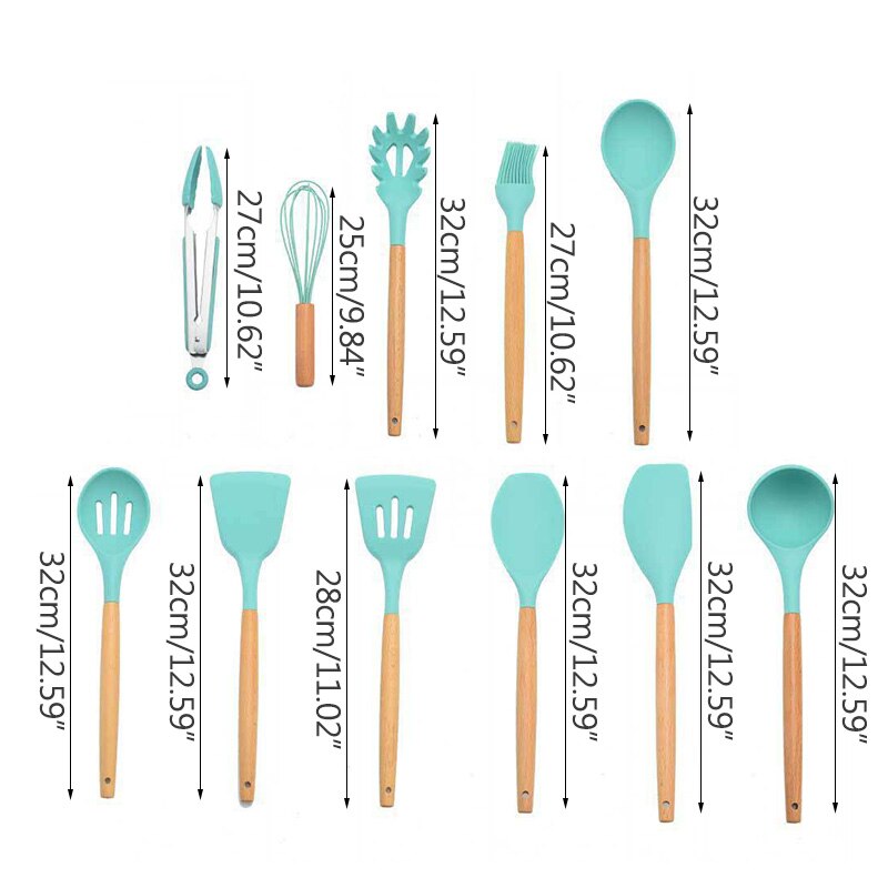 Kitchenware Set Kitchen Utensils Green 11 Piece Set Of Wooden Handle Silicone Nonstick High Temperature Silicone Spatula