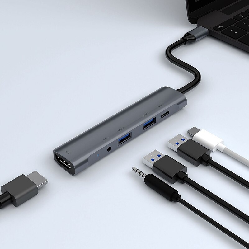 Usb c hub 5 in1 converter adapter met 4k hdmi usb c usb 3.0 -poorten  pd 60w oplaad-o-aansluiting voor pc pro