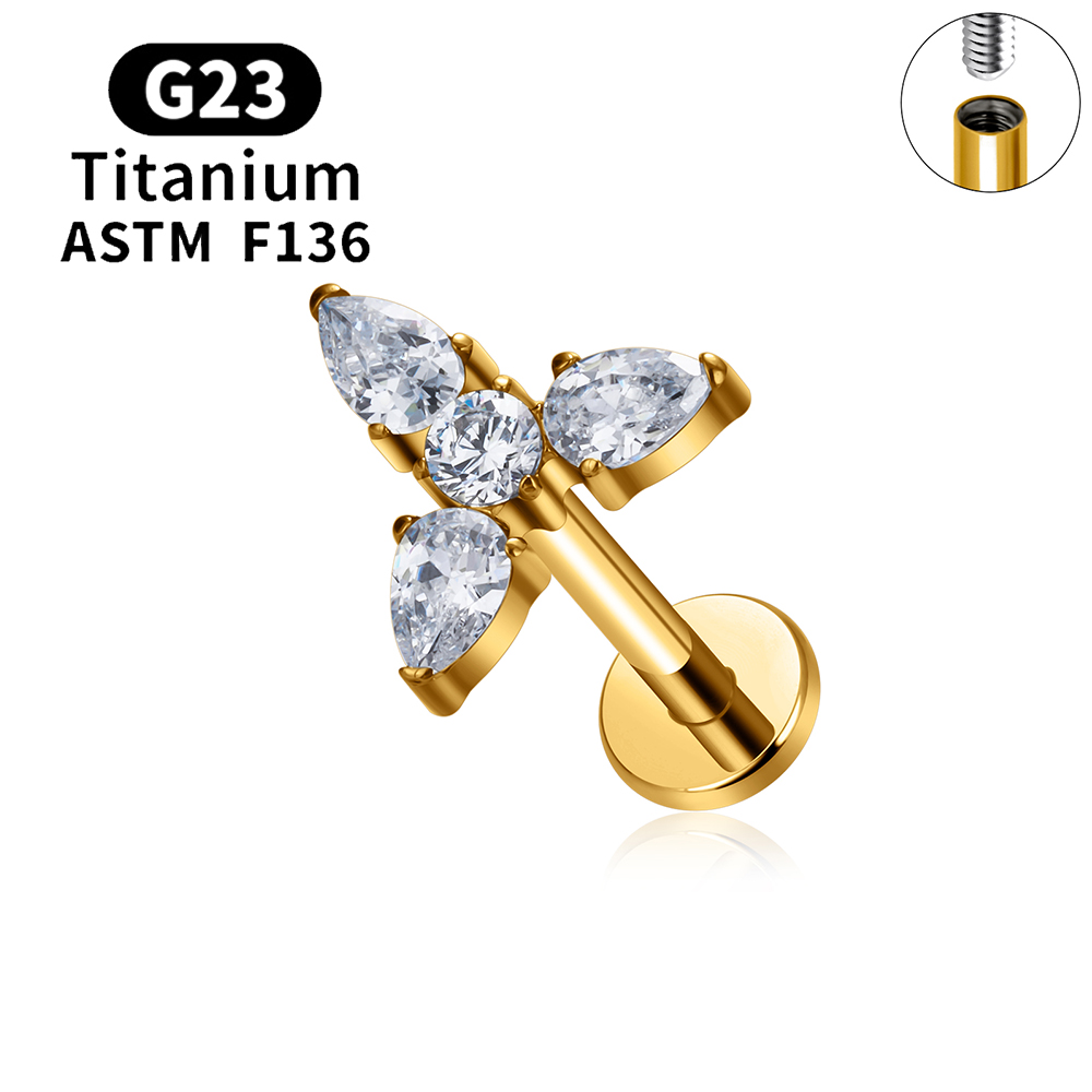 G23 Titanium Sneeuwvlok Kers Hartvorm Platte Achterkant Stud Oorbel 16G CZ Oor Tragus Kraakbeen Helix Conch Kwab piercing Sieraden