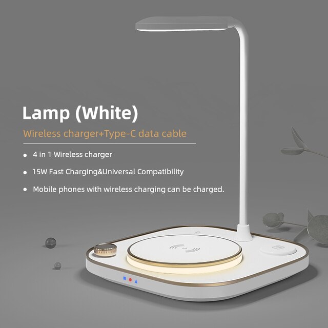 Lámpara de escritorio LED de 15W, cargador inalámbrico para iPhone 13, Samsung, base de carga inalámbrica rápida para Apple Watch, Airpods, estación de carga,: White Desk Lamp