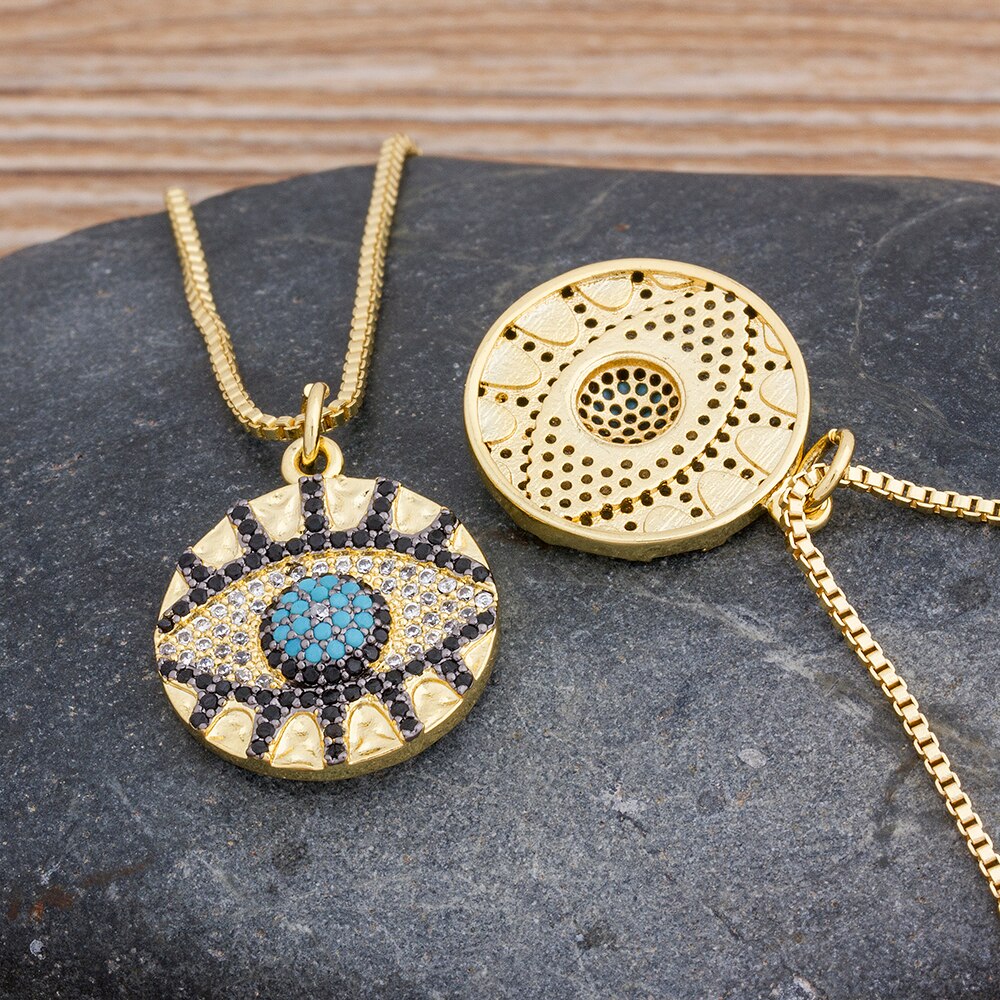 Classic Micro Pave Copper Zircon Evil Eye Necklace Gold Color Link Chain Round Pendant Necklace Lucky Jewelry for Female