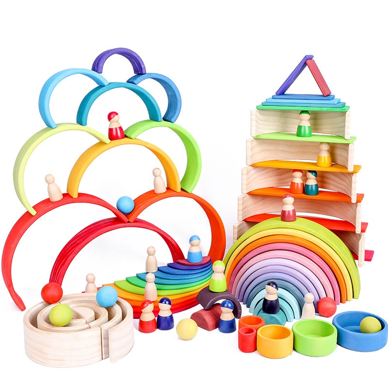 Baby Montessori Wooden Building Blocks Rainbow Stacker Wooden Toy Flame House Stone Rainbow Blocks Geometric Wooden Toys For Kid