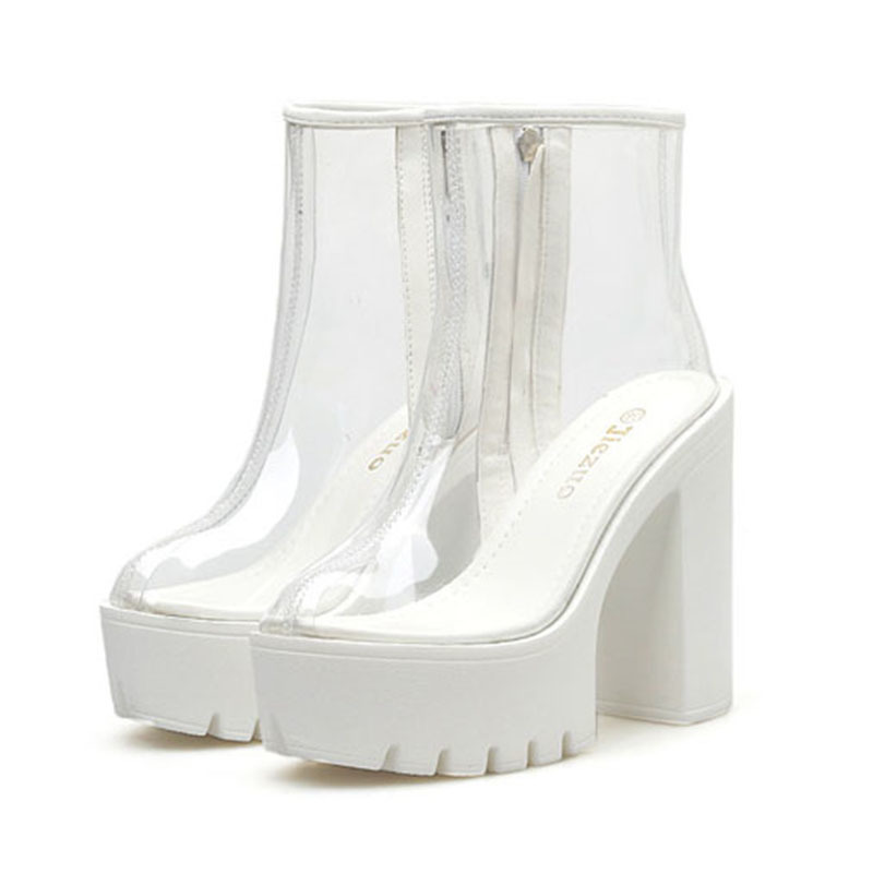 PRETO BRANCO 19 Women Clear Boots Transparent Bottom Waterproof Platform Thick Heel High Heel Round Roe Boots Shoes