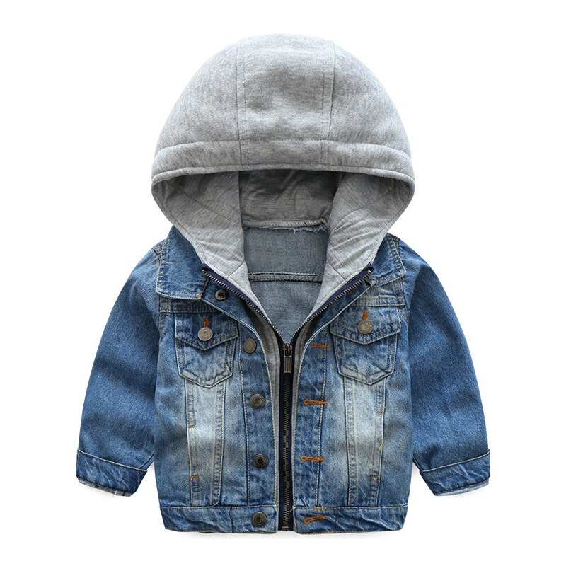 Baby boy clothes baby boy spring and autumn denim jacket boy cardigan hooded fashion casual sports denim jacket: 7T