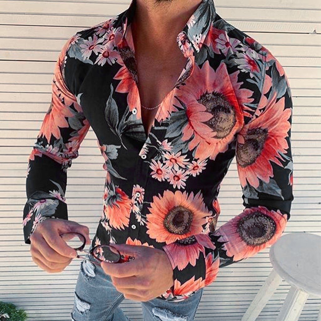 chemise à fleurs pour hommes à manches longues chemise décontracté Rose fleur 3d imprimé col rabattu chemise ajustée pour hommes vêtements