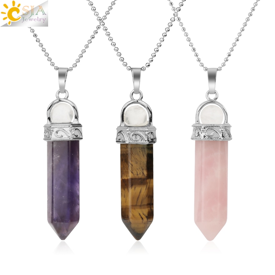 CSJA-colgante de piedra Natural para hombre y mujer, columna hexagonal puntiaguda, pilar de Cristal púrpura blanco y rosa, collares, G287