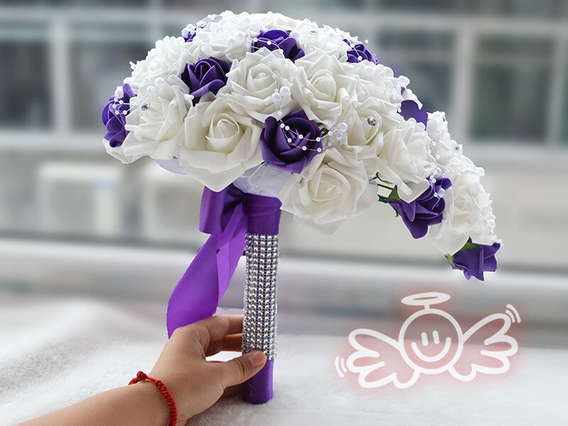 JaneVini Wasserfall Lila Brautstrauß mit Perlen Weiß Schaum Rosen Künstliche Blumen Hochzeit Blumensträuße Strauß De Mariage