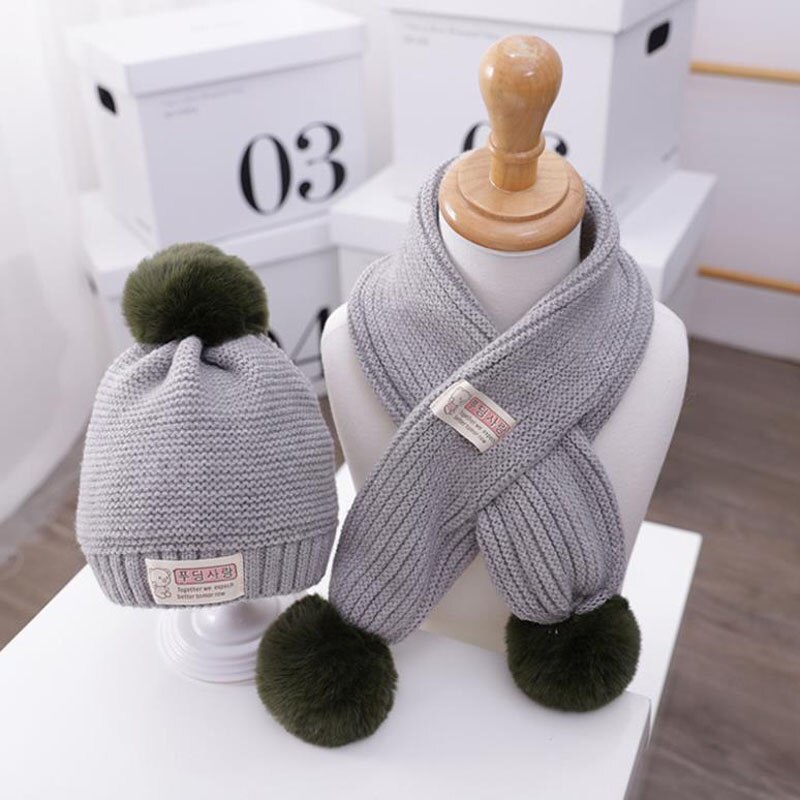 Doitbest 1 to 4 år gamla baby barn mössa hår boll enfärgad 2 st pojkar flickor vinter stickad hatt halsduk set: Grå