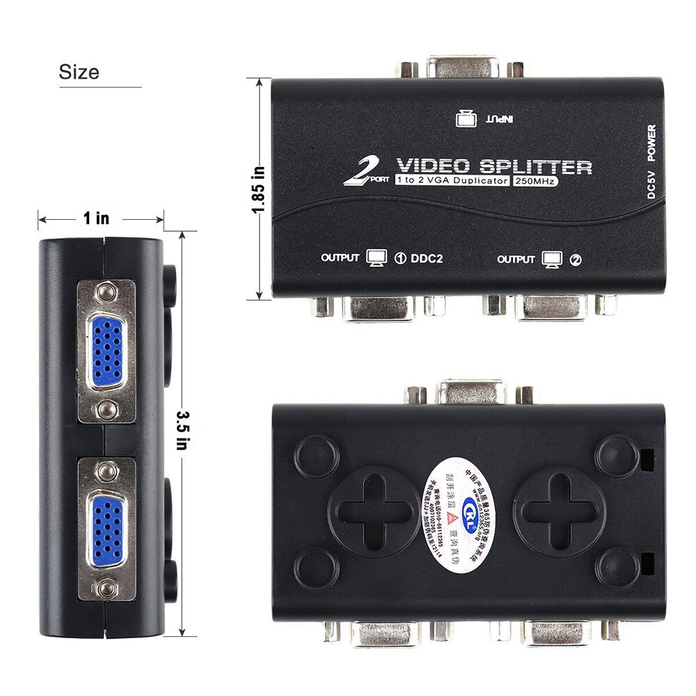 2 Port 1 PC to 2 Monitor 1 to 2 Split Screen VGA Splitter Video Splitter Duplicator Adapter with USB cable Portable Black