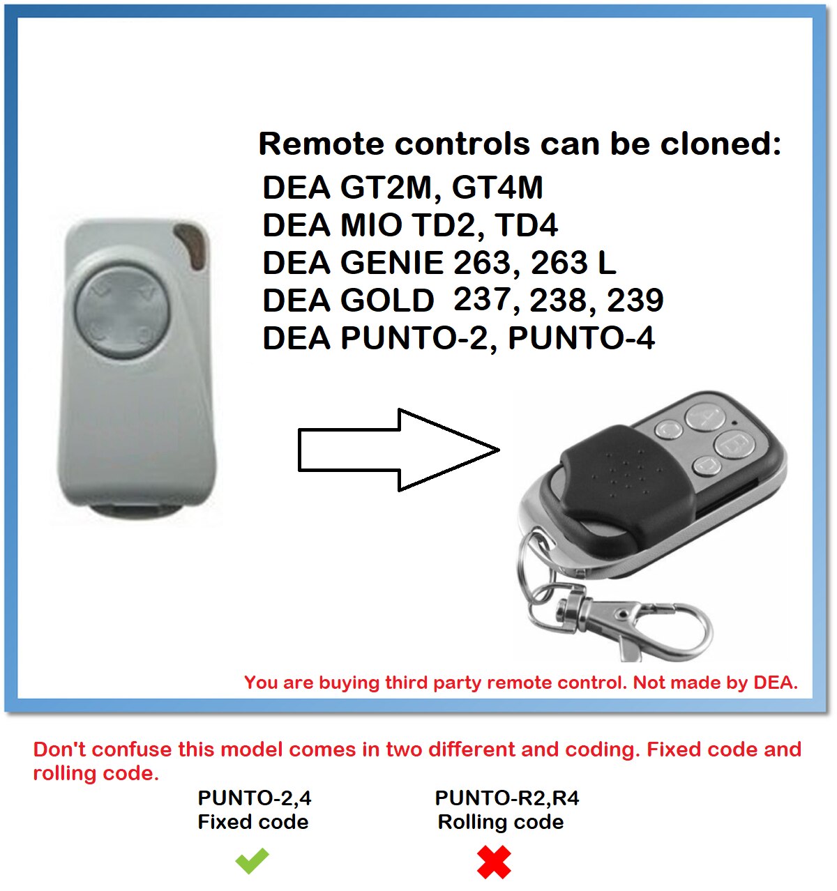 DEA GENIE 263, 263 L 4-Channel 433.92MHz fixed code Universal Remote Control duplicator