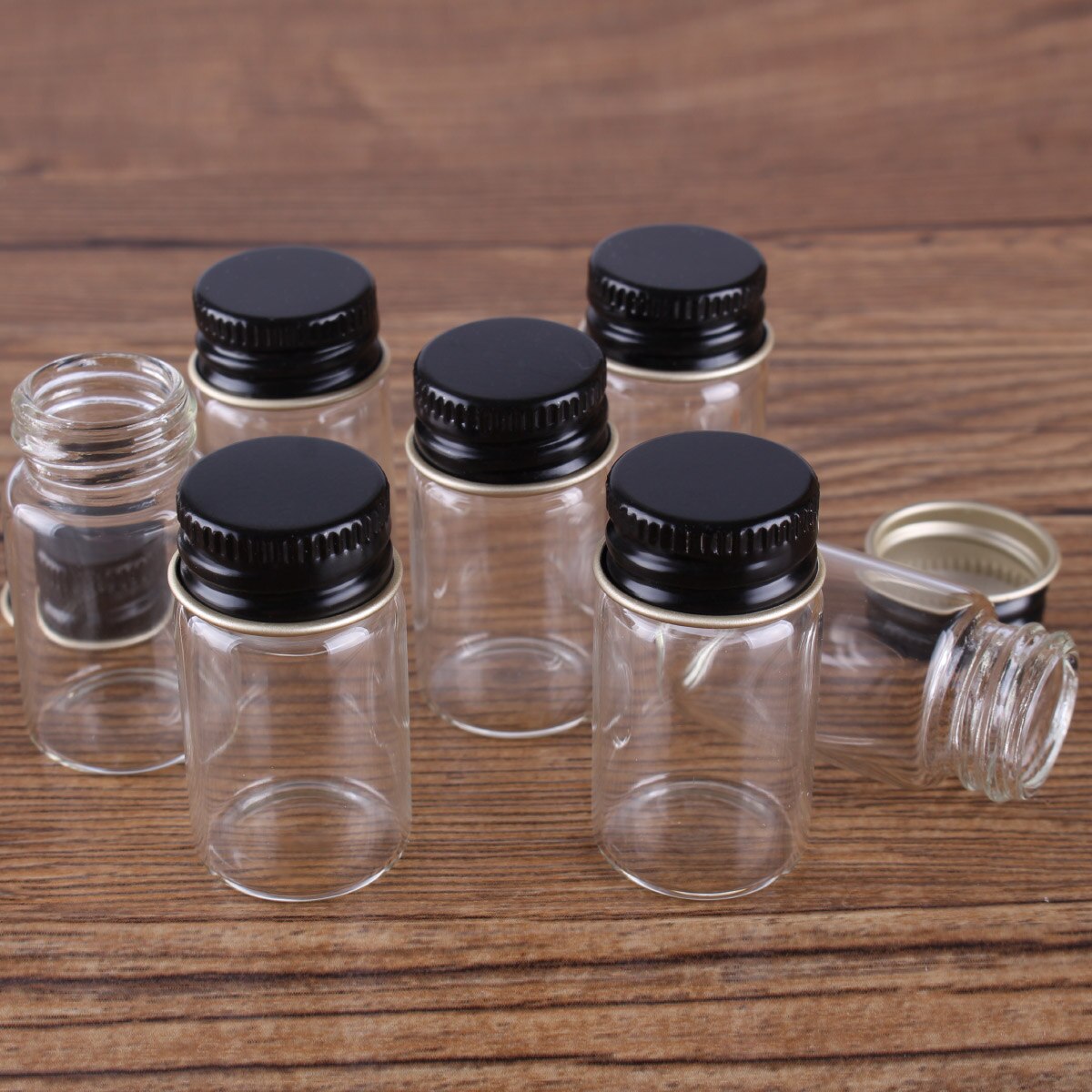 48 Stuks Diameter 22 Mm Glazen Flessen Met Zwarte Aluminium Caps 5-14 Ml Kleine Glazen Potten Wedding Craft 5 Maten U-Pick