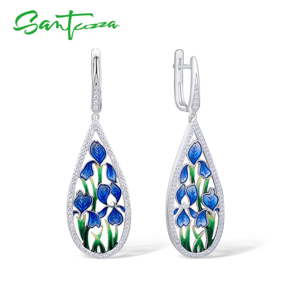 SANTUZZA Zilveren Bloem Oorbellen Voor Vrouwen 925 Sterling Zilver Dangle Blauw Bloemblaadje Oorbellen Zilveren Glanzende CZ Sieraden Handgemaakte Emaille