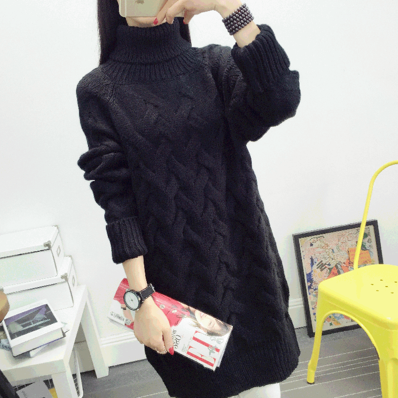 HanOrange Autumn Winter Korean Turtleneck Thick Loose Twist Long Women Sweater White/Red/Black: Black