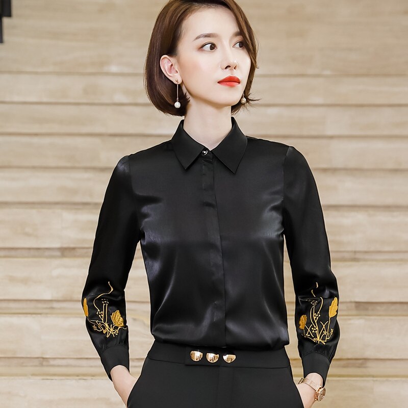 Blå chiffon skjorte kvinder forår broderede langærmede slanke bluser kontor damer arbejdstoppe: Sort / L