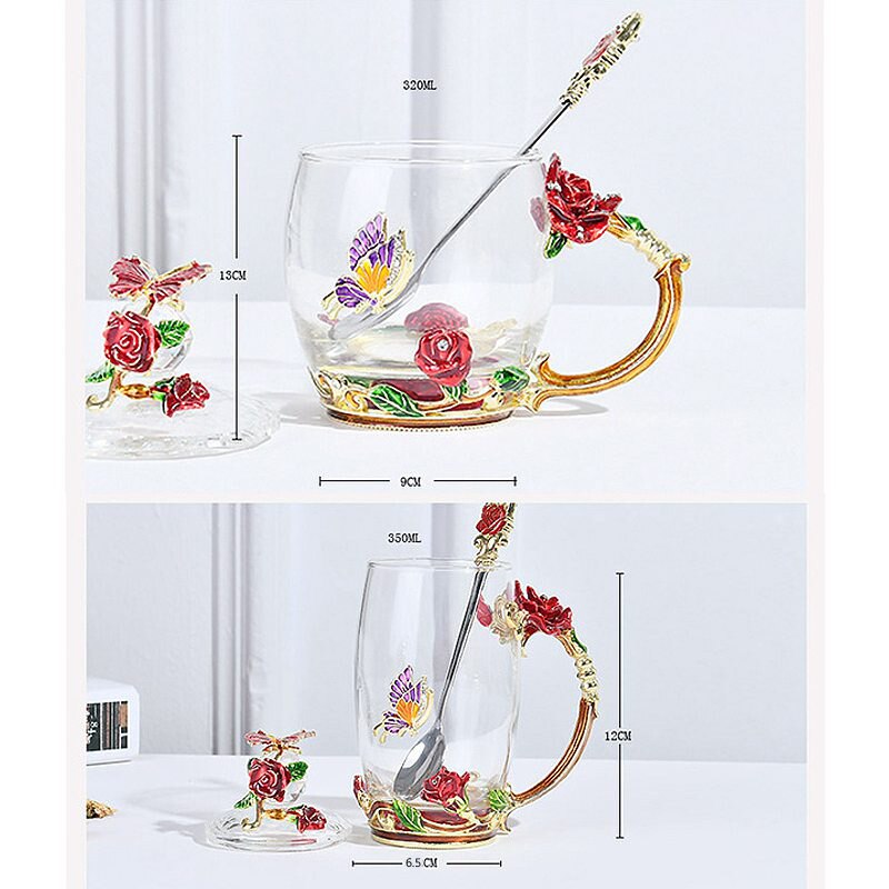 Red Blue Rose Enamel Crystal Tea Cup Coffee Mug Butterfly Rose Painted Flower Water Cups Clear Glass with Spoon Set Perfect