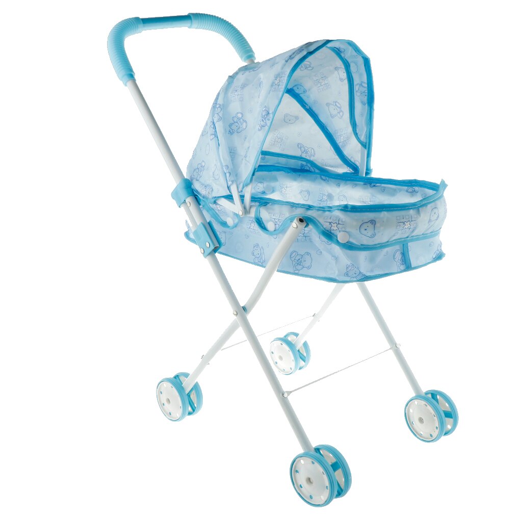Simulation Toys Blue Little Bear Foldable Doll Stroller With 4 Swivel Wheels