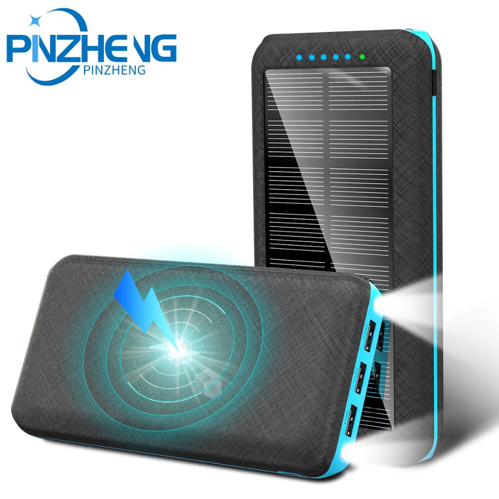 PINZHENG-Banco de energía Solar de 20000 mAh, con función de carga inalámbrica, capacidad para cargador portátil con linterna LED