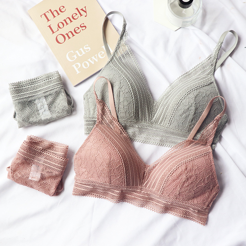 Neue Frauen 4 Farbe Unterwäsche Französisch Draht-Freies Ultra-dünne Bralette sexy Spitze Dreieck Tasse drücken-hoch Bh einstellen Baumwolle Bh und Höschen