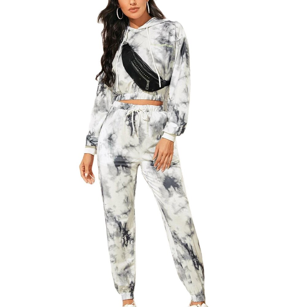 Tie-Dye Print Vrouwen Gym Kleding Set Hooded Lange Mouwen Cropped Tops Joggingbroek Dames Casual 2 Stuk sportkleding