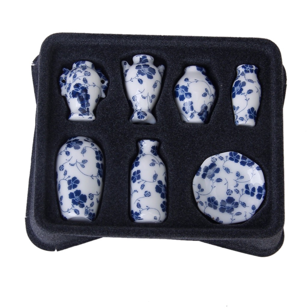 7 Stck/Pack 1/12 Puppenhaus Sammlung Keramik China Porzellan Vase Untertasse --- Weiß + Blau Ranke