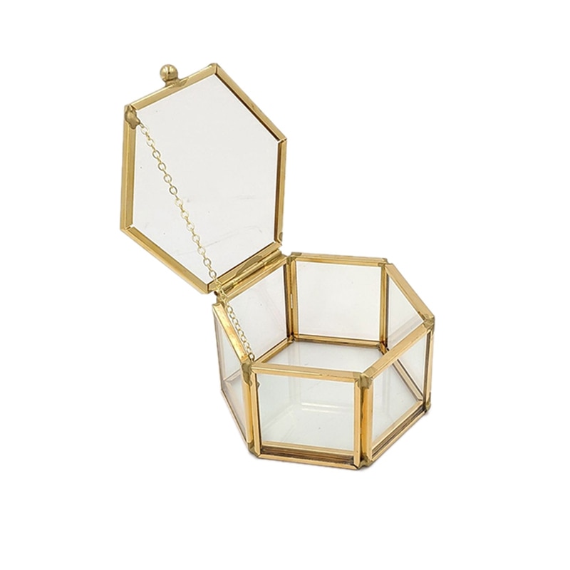 Hexagon Transparant Glas Ring Box Trouwring Box Geometrische Clear Glas Sieraden Doos Sieraden Organisator Houder Tafelblad Conta: Default Title