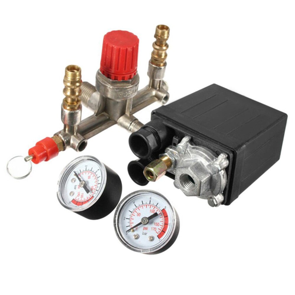 Adjustable Pressure Switch Air Compressor Switch Pressure Regulating with 2 Press Gauges Valve Control Set 230V