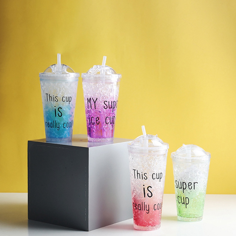 Newest Plastic Double-layer Juice Ice Cool Cup With Straw Cup Transparent Drinkware Cup 450ML